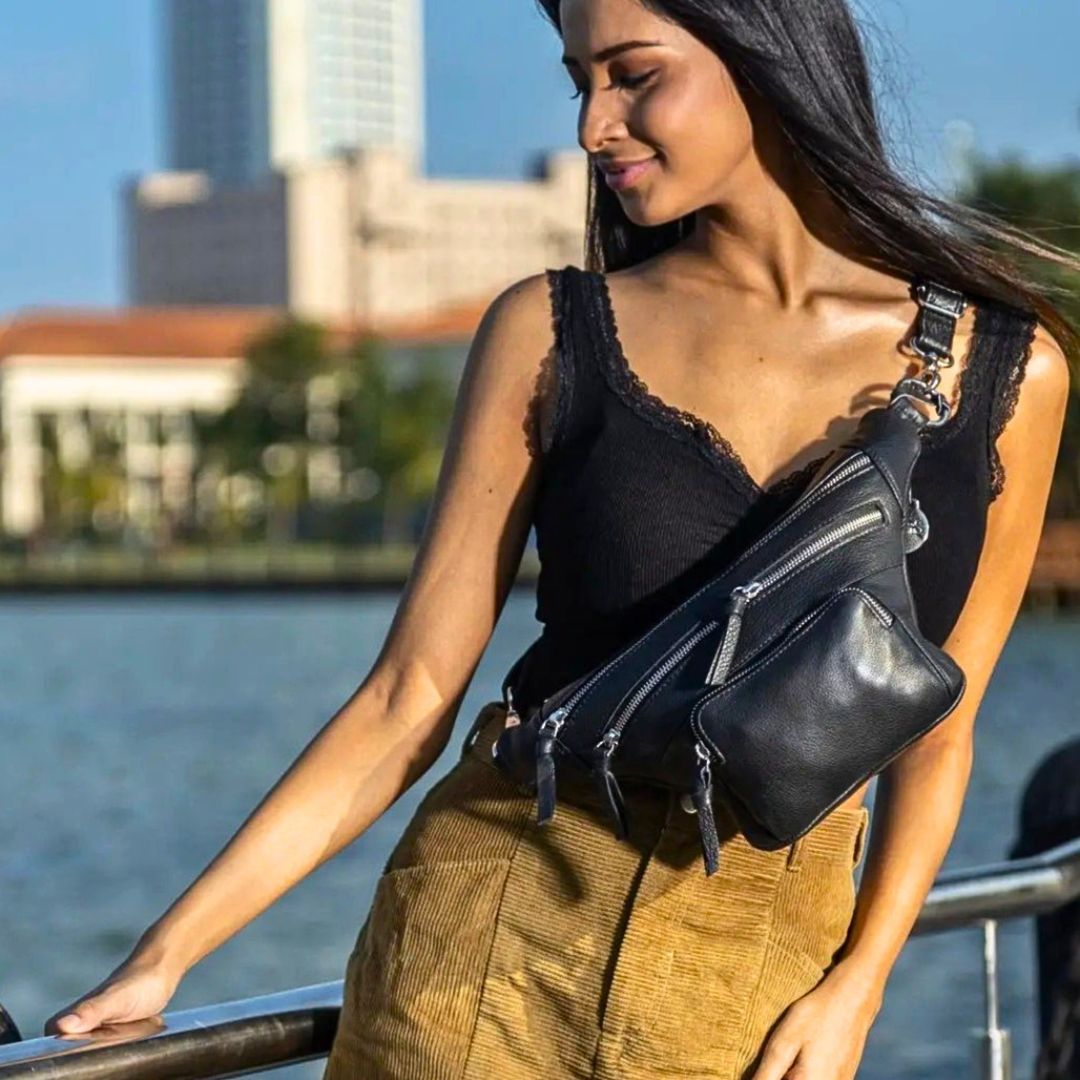 Style Nagasaki Smukt Sort Læder Uimodståelig Bumbag Taske Med Mange Rum & Lommer Sort Female