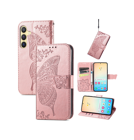 Samsung Galaxy S25 Butterflyamptrade Læder Etui Taske Pung Rose