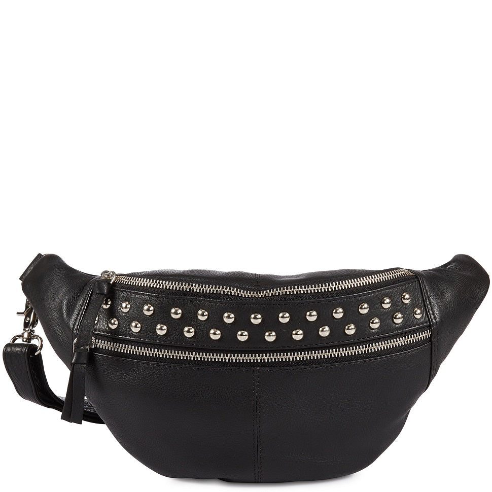 Style Quinde Italy Sort Kvalitetslæder Stor Bumbag Taske Skønt Læder Med Flotte Nitter Sort Female One-Size