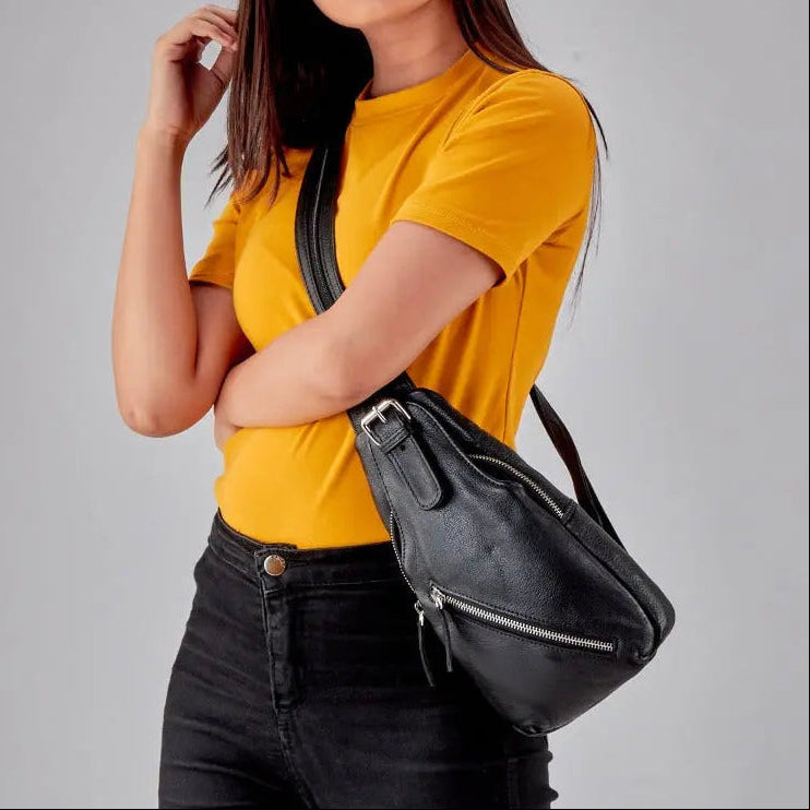 Style Haiti Smukt Sort Læder Super Cool Kombineret Rygsæk Bumbag Med Masser Rum Sort Female One-Size