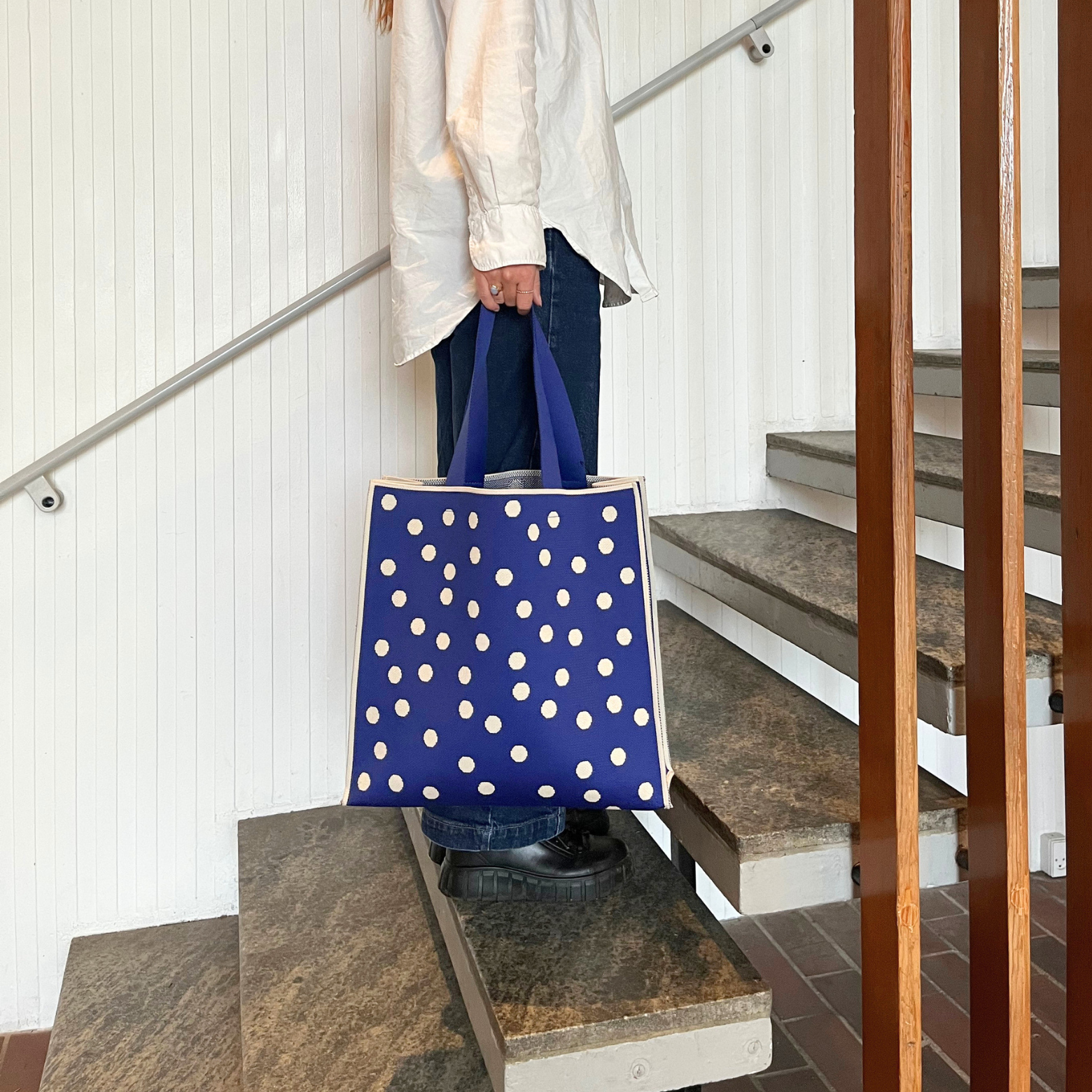 Taske Dots Tote Bag Blue Creme Prikker